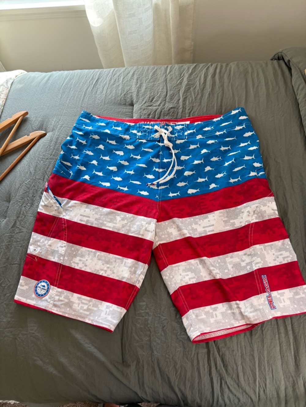 Pelagic Sharkskin Patriotic Boardshorts. Size 38.